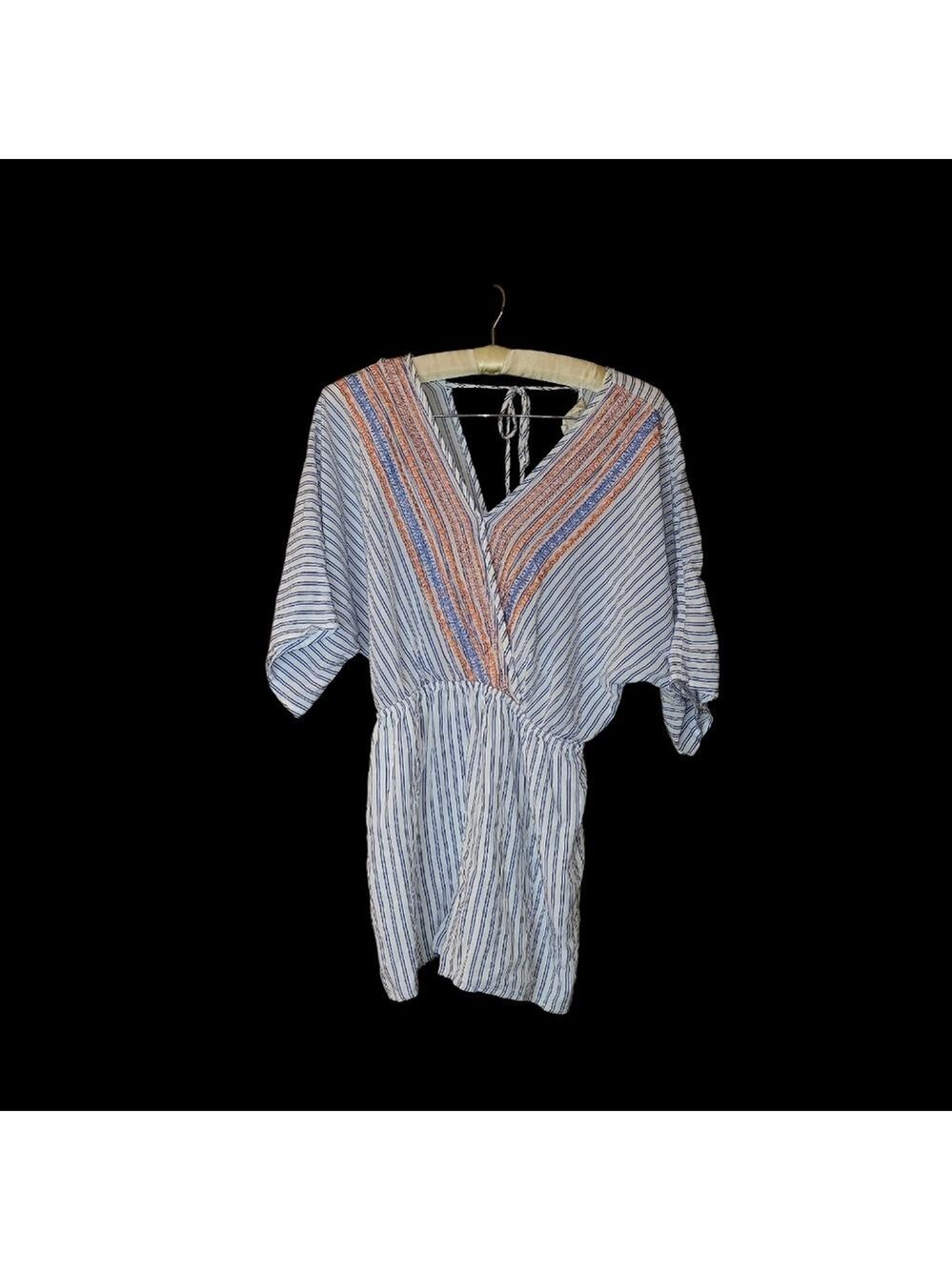 Altar'd State Blue White Striped Embroidery Shorts Romper S